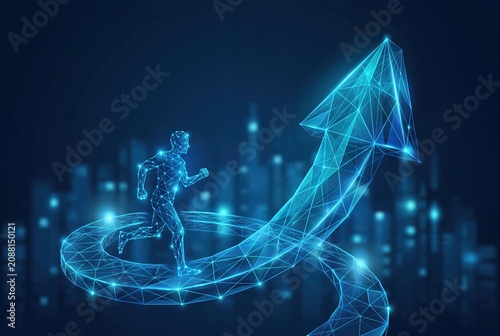 Digital human running on futuristic glowing path toward growth arrow for business success with cyber