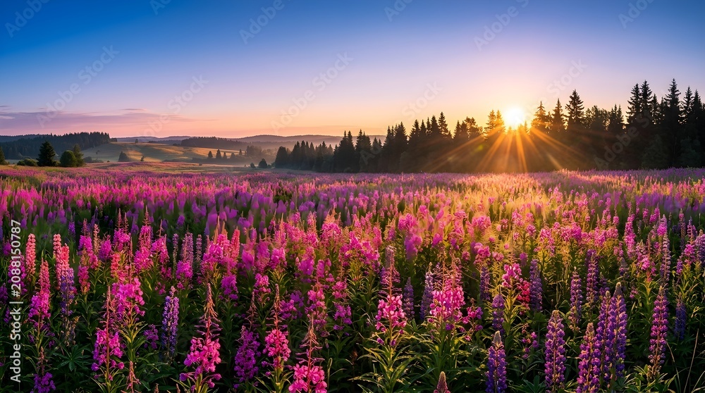 Obraz premium Beautiful summer meadow filled with purple wildflowers at sunrise with golden sunbeams