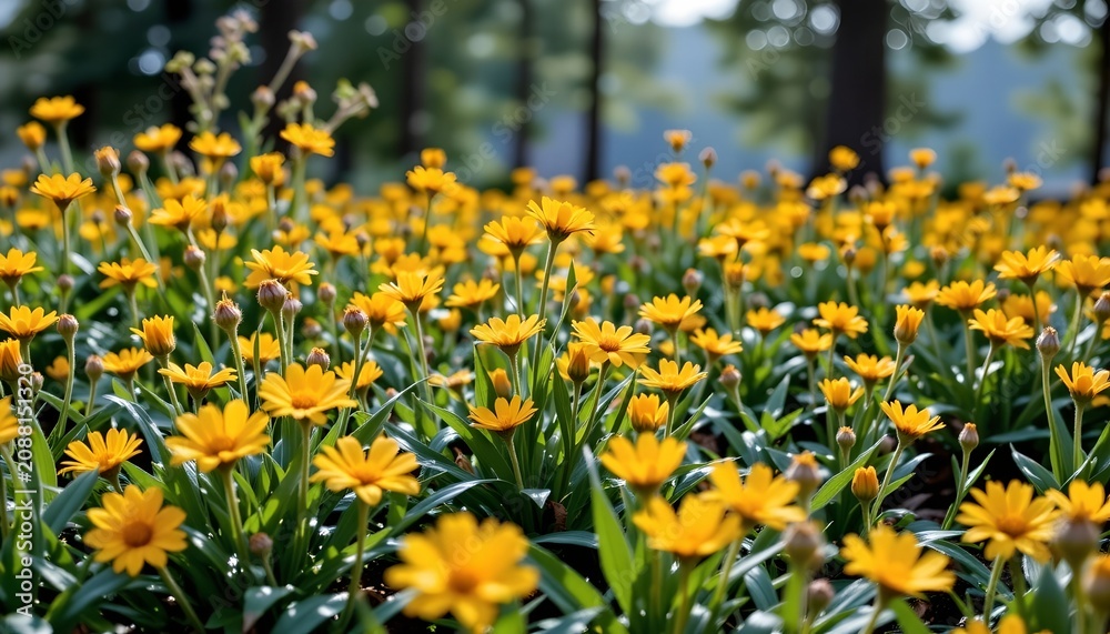 Obraz premium Golden Wildflowers Sunlit Meadow After Rain