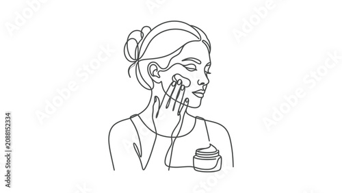 Woman applying facial cream for skincare routine, continuous line art