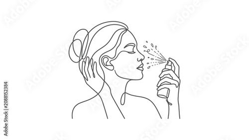 Minimalist line art of a woman spraying facial mist, skincare routine