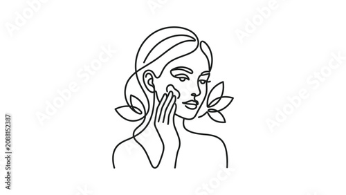 Minimalist line art woman applying skincare cream to her face with lotus flower