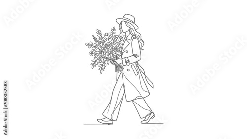 Elegant Woman with Flower Bouquet Walking Minimalist Line Art
