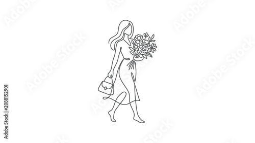 Elegant Woman Walking with Flowers and Handbag Minimalist Line Art