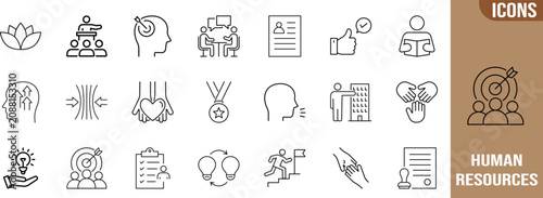 Human resources business outline icons. resume icon set, handshake icon set, target icon set