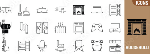 Household furniture appliance cleaning outline icons. fireplace icon set, laptop icon set, bunk bed icon set