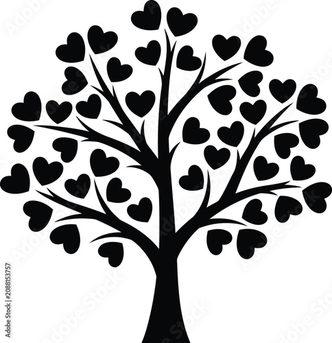Abstract decorative tree silhouette with heart shaped leaves vector illustration