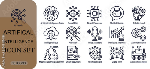 Artificial intelligence icon set line art collection of ai technology, machine learning, neural network, automation, robotic, and data analysis symbols