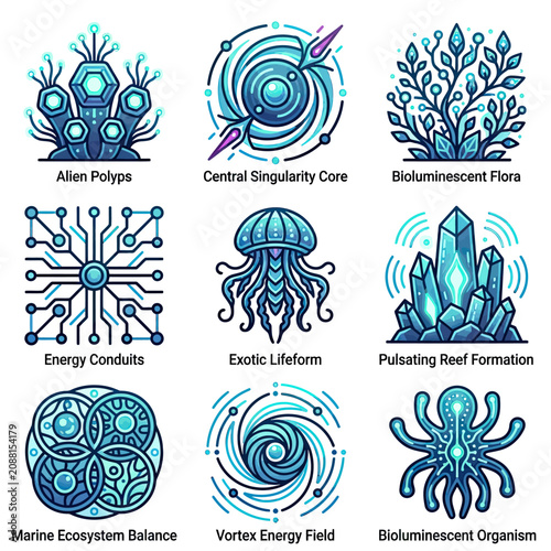 Scientific alien ecosystem and singularity core icon set.