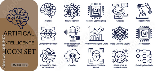 Artificial intelligence icon set, ai technology line icons, machine learning, neural network, robotics, automation, data processing, vector illustration
