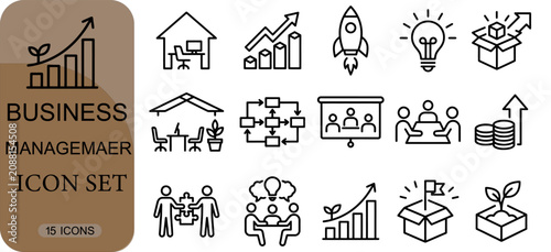 Business management icon set, professional vector illustrations for corporate strategy, growth, teamwork, and innovation concepts