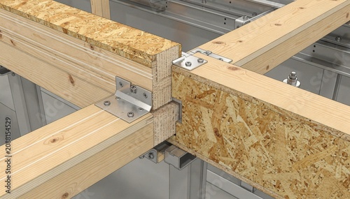 Medium shot capturing rim board integration with OSB webs glued to solid wood flanges on flow line illustrating edge support and connection in wood framing.