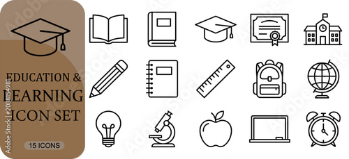 Education and learning icon set, school supplies and academic symbols, vector illustration of thin line icons for students and teachers