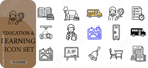 Education and learning icon set, school supplies and classroom elements, vector illustration