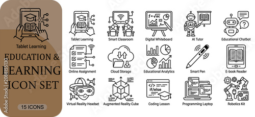 Education and learning icon set, vector illustration of modern educational technology tools, digital classroom and elearning concepts