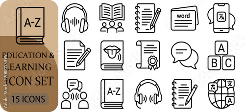 Education and learning icon set, thin line style, vector illustration of school and study symbols, dictionary, headphones, book, notebook, translation, diploma, speech bubbles, alphabet blocks