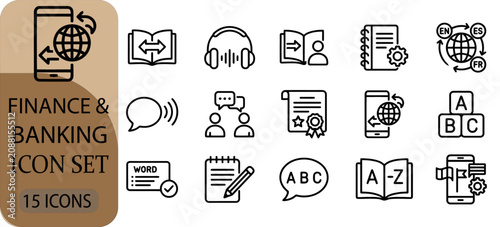 Set of language learning icons, education and translation symbols, vector illustration