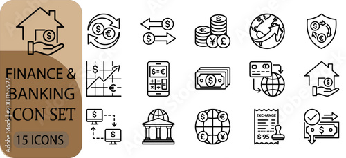 Finance and banking icon set, vector illustration of financial operations, currency exchange, global banking, money transfer, and investment symbols in thin line style