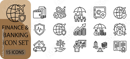 Finance and banking icon set, vector illustration of various financial services, insurance, investment, and banking concepts in thin line style