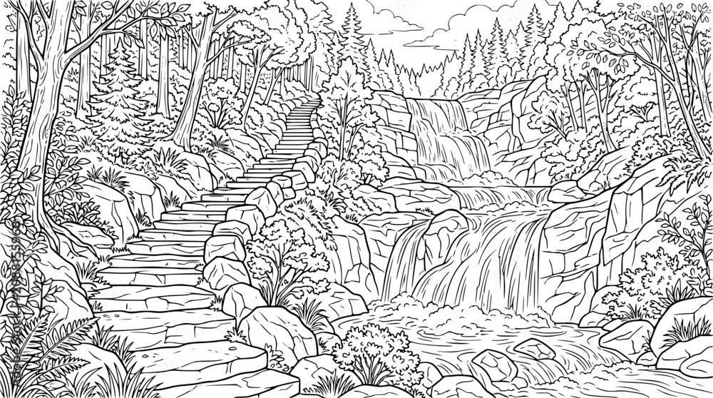 Fototapeta premium Serene forest landscape with waterfall and stone path coloring page illustration