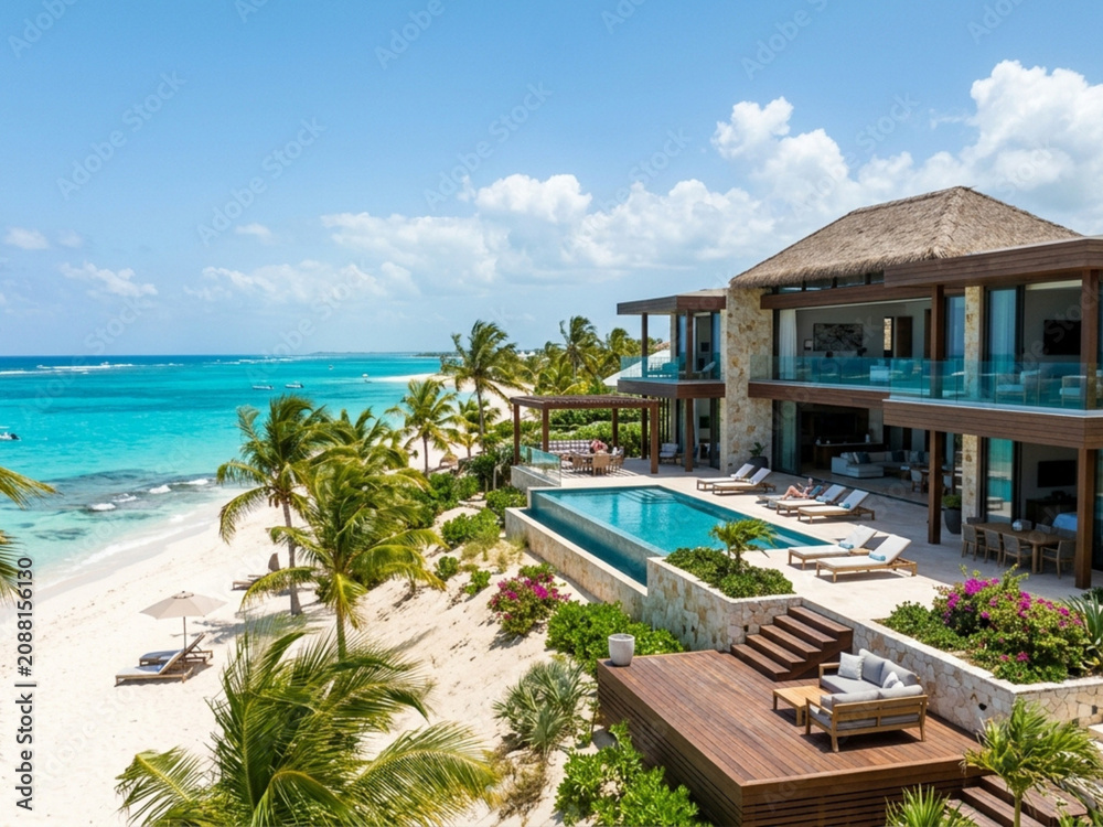 Fototapeta premium Luxury Beachfront Villa with Infinity Pool and Tropical Ocean View