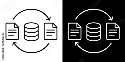 データ同期を表す書類とデータベース、循環矢印の白黒線画アイコンセット