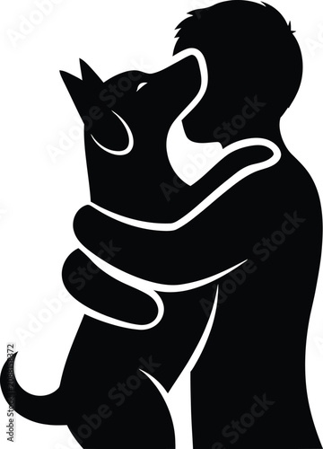 Silhouette of a happy person hugging a cute pet dog vector illustration