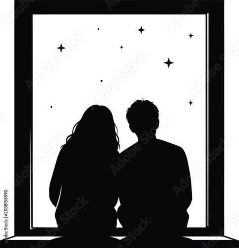 Silhouette of a romantic couple looking at starry night sky vector illustration