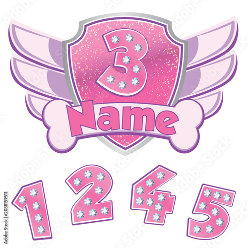 Pink Winged Puppy Birthday Badge with Rhinestone Numbers