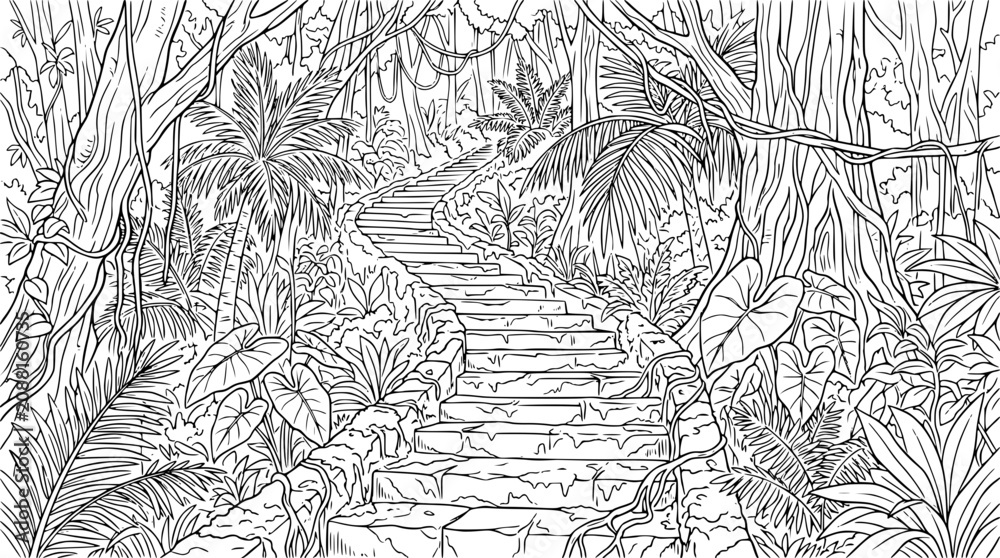 Obraz premium Winding Stone Stairs in a Lush Tropical Jungle Coloring Page