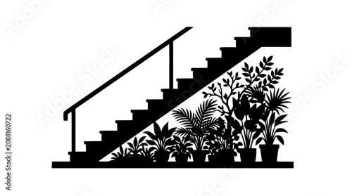 Silhouette of a staircase with an indoor garden and potted plants underneath
