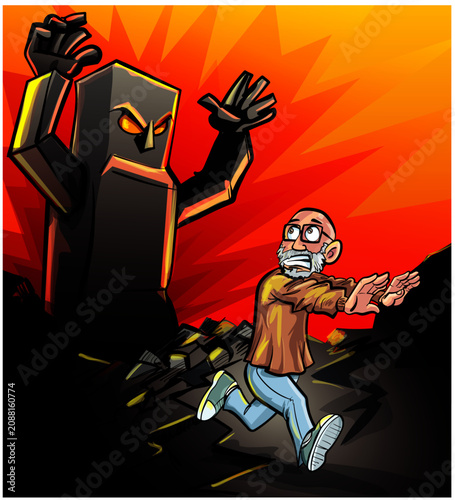 Elderly Man Running From Giant Robot AI Monster In Fiery Cartoon Chase Scene