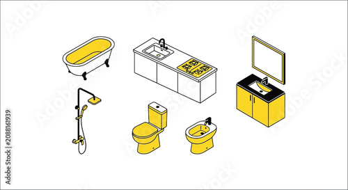 Obraz na plátně Bathroom fixtures and kitchen elements isometric vector illustration on a white