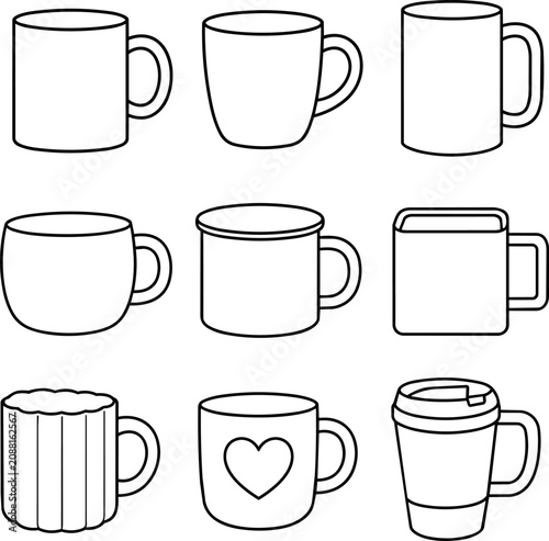 Set of outlined coffee mugs and travel cups in assorted shapes