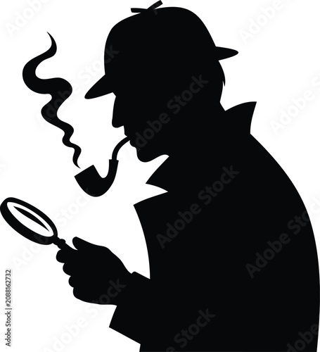 Foto Silhouette of a man in a deerstalker hat smoking a pipe and holding magnifying g