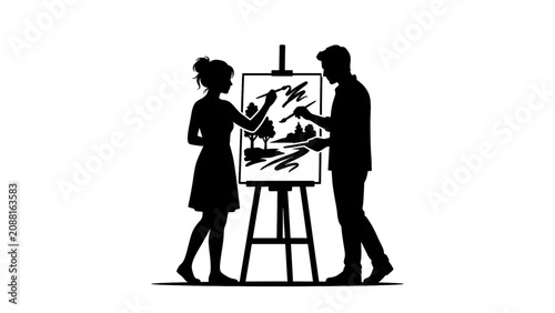 Schilderij op canvas Pasangan Melukis Bersama di Atas Kanvas Hobi Kreatif