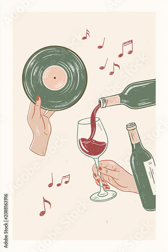 A minimalist line-art poster, two hand-drawn illustrations of a hand holding a vinyl record and a hand holding a wine glass with wine pouring from a bottle