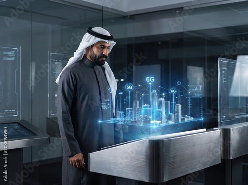 Arab businessman viewing futuristic 5G and 6G smart city hologram in high-tech lab