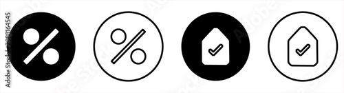 Discount Percentage and Verified Document Icons. Sale, Approval, Coupon, Certificate, Invoice, Finance and Business Vector Set