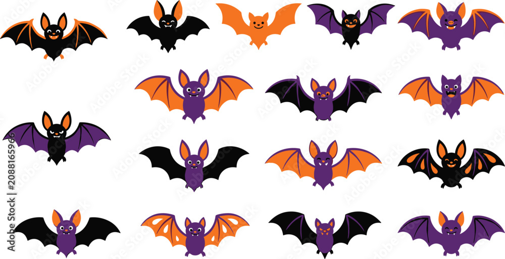 Obraz premium Cute Halloween Bat Character Collection Flat Vector Set with Colorful Flying Cartoon Animal Icons
