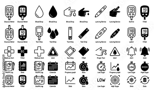 Photos Simple glucose meter blood sugar icons black white medical monitoring vector set