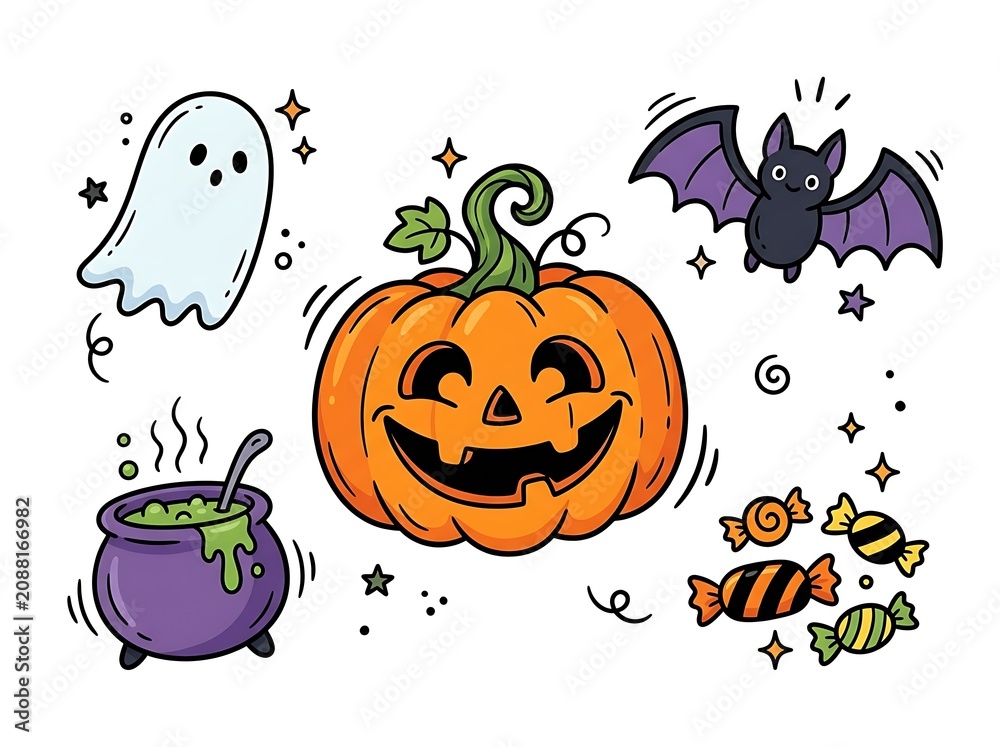 Fototapeta premium Cute Halloween Doodle Collection with Pumpkin Ghost Bat and Cauldron for Kids Party Invitation Design