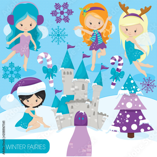 Fényképezés Cute winter fairies vector graphic illustration set on cold blue backdrop with s