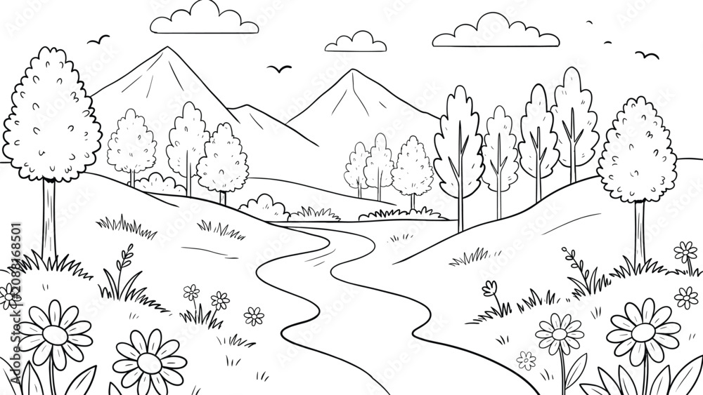 Fototapeta premium Black and white line of a landscape with mountains, river, and flowers