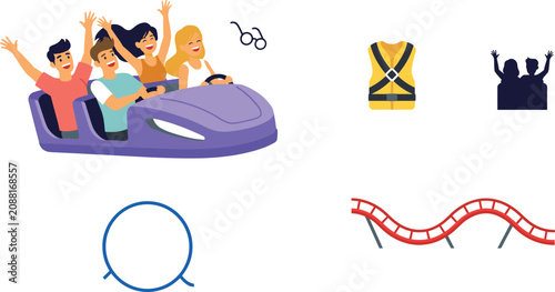 Valokuva Thrilling Roller Coaster Ride with Cheerful Friends and Amusement Park Theme Ele