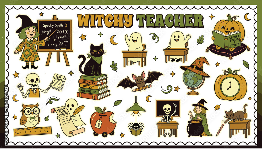 Naklejka premium Witchy teacher halloween vector set with spooky classroom elements, ghost students, skeleton, books, apple and witch characters