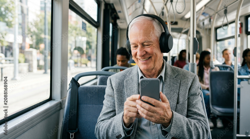 Fototapeta premium Senior man using smartphone while riding public bus.