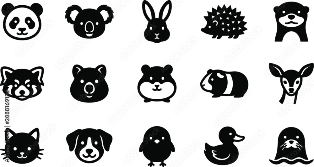 Obraz premium Cute Animal Face Silhouette Icon Collection Featuring Panda Koala Rabbit Hedgehog Otter Hamster and Pet Wildlife