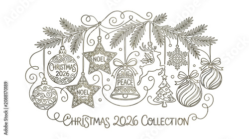 Elegant Hand Drawn Christmas 2026 Collection with Festive Ornaments and Pine Branches