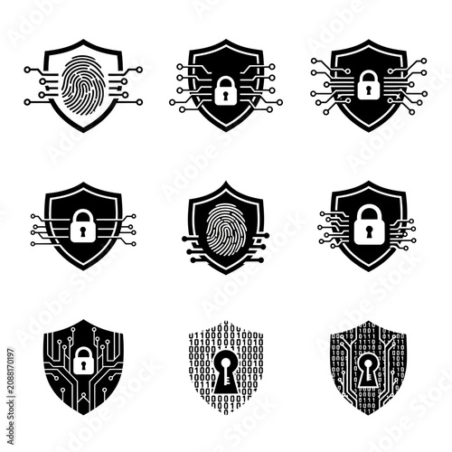 Cybersecurity Shield Icons: Fingerprint, Padlock, Circuit Board, Binary Code